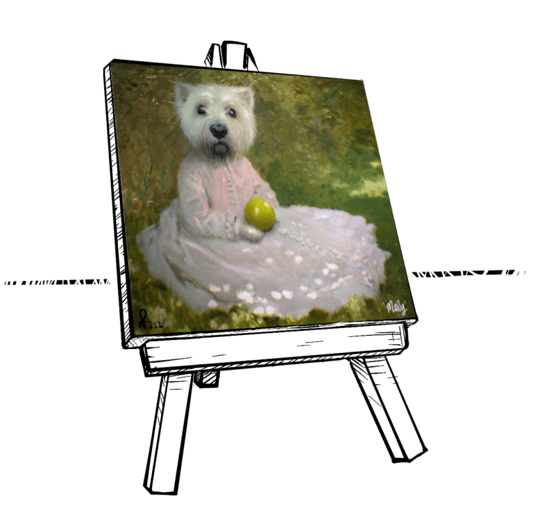 A pet portrait of small white dog
