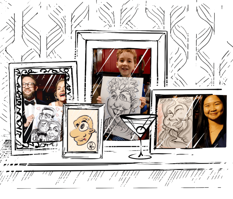 A collection of photographs of people holding up a caricature drawing of themselves.